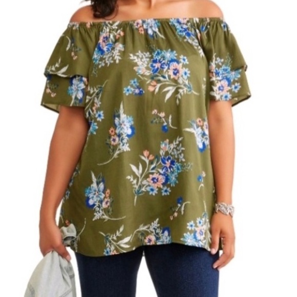 Plus Size Peasant Top Floral On / Off Shoulder Blue orange green Size: 2X 20W - Picture 4 of 14